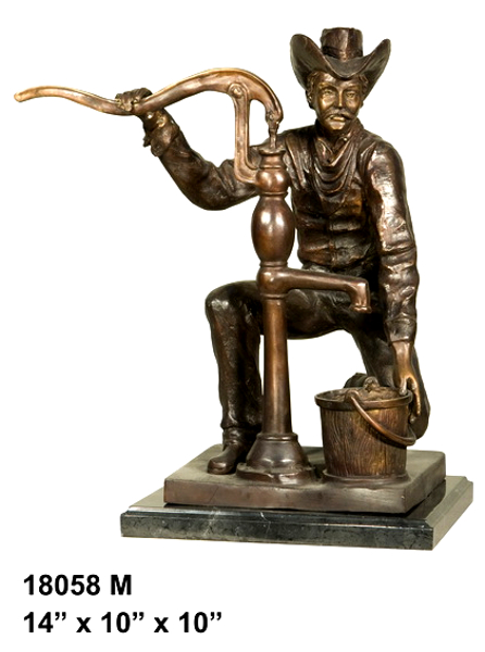 Bronze Cowboy Pumping Water Statue - AF 18058M