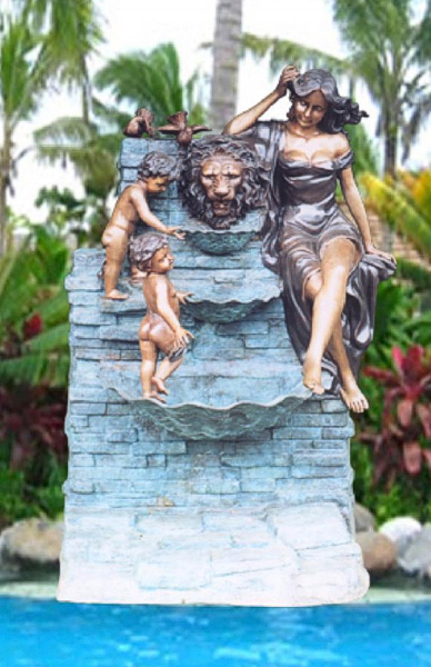 Bronze Lion, Lady, Children Wall Fountain (Can eliminate lady or children) - BB 263-27