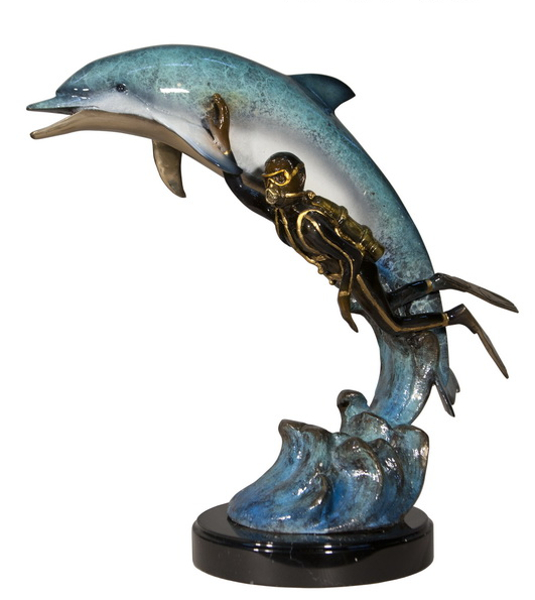 Diver with Dolphin Bronze Statue - Size: 10L x 30W x 49H.