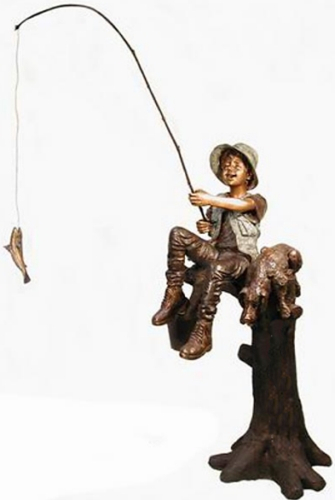 Bronze Boy & Dog Fishing Statue - AF 50205