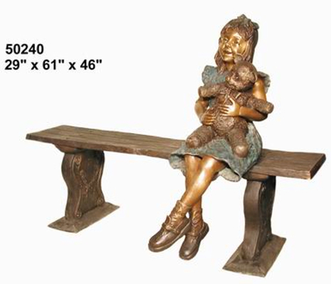 Bronze Girl & Teddy Bear on Bench. We can add another child or pet to bench. - AF 50240