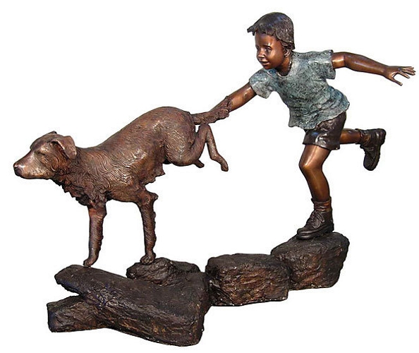 Bronze Boy & Dog Running Statue - AF 50454
