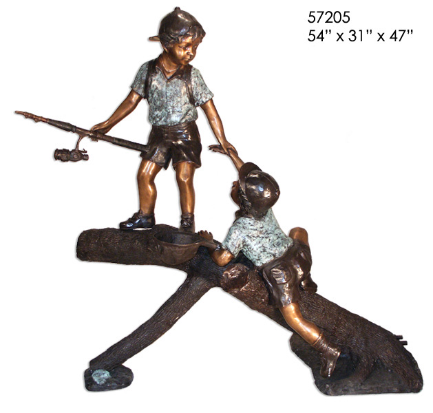 Bronze Boys Fishing on Log Fountain - AF 57205F