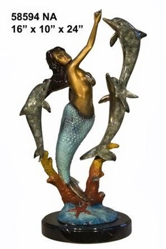 Bronze Mermaid & Dolphin Statue