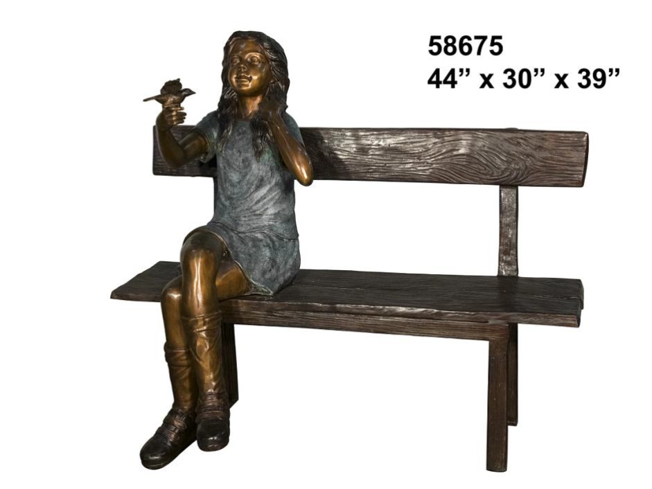 Bronze Girl & Bird Statue - AF 58675