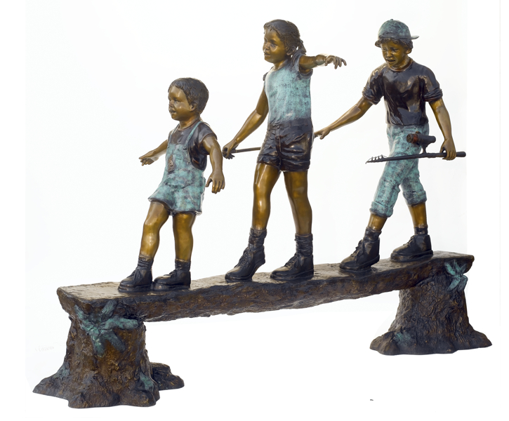 Bronze kids on a log statue Can be made as a fountain - ASB 802