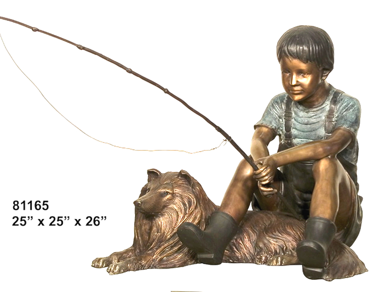 Bronze Boy & Dog Fishing Statue - AF 81165
