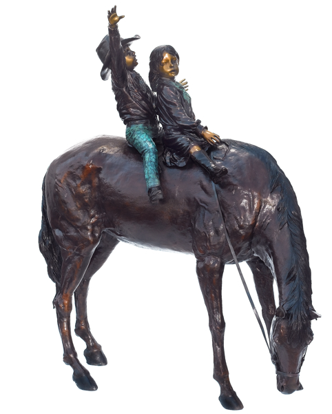 Bronze  Boy & Girl on Horse Statue