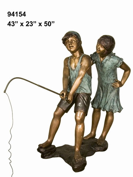 Bronze Boy & Girl Fishing Statue - AF 94154