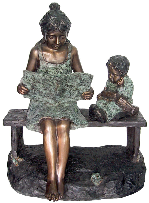 Bronze Girl Reading to Boy Bench Statue - DD G-045
