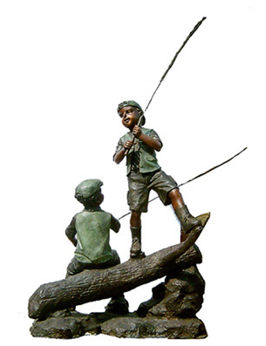 Bronze Boys Fishing on Log Statue - DK 1885