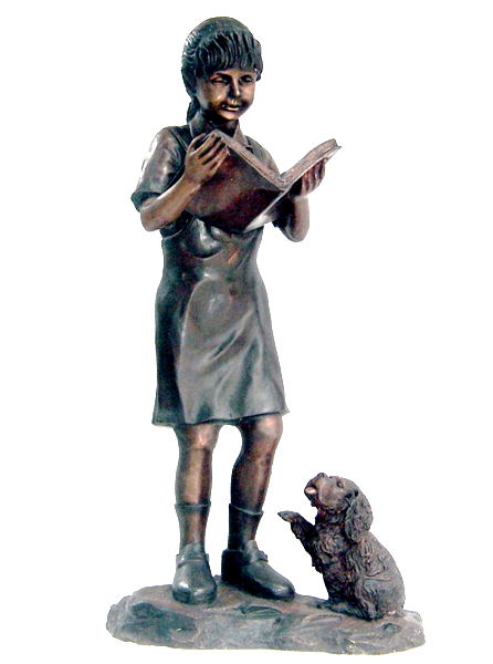 Bronze Girl Reading Book & Dog Statue - DK 1912