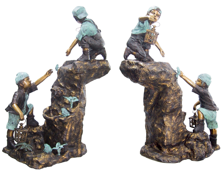 Bronze Boys Climbing Rock Fountain Statue - DD F-047