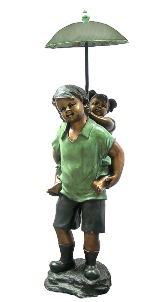 Boy Carrying Sister Umbrella Bronze Fountain