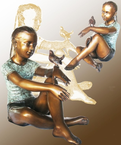 Bronze Girl & Bird Statue - KT P-853