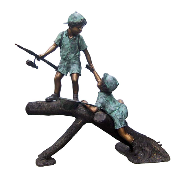 Bronze Boys Fishing on Log Statue - DD F-099