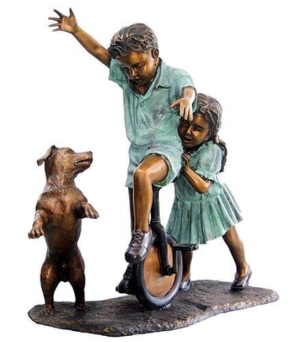Bronze Boy & Girl Unicycle & Dog Statue - DD G-021