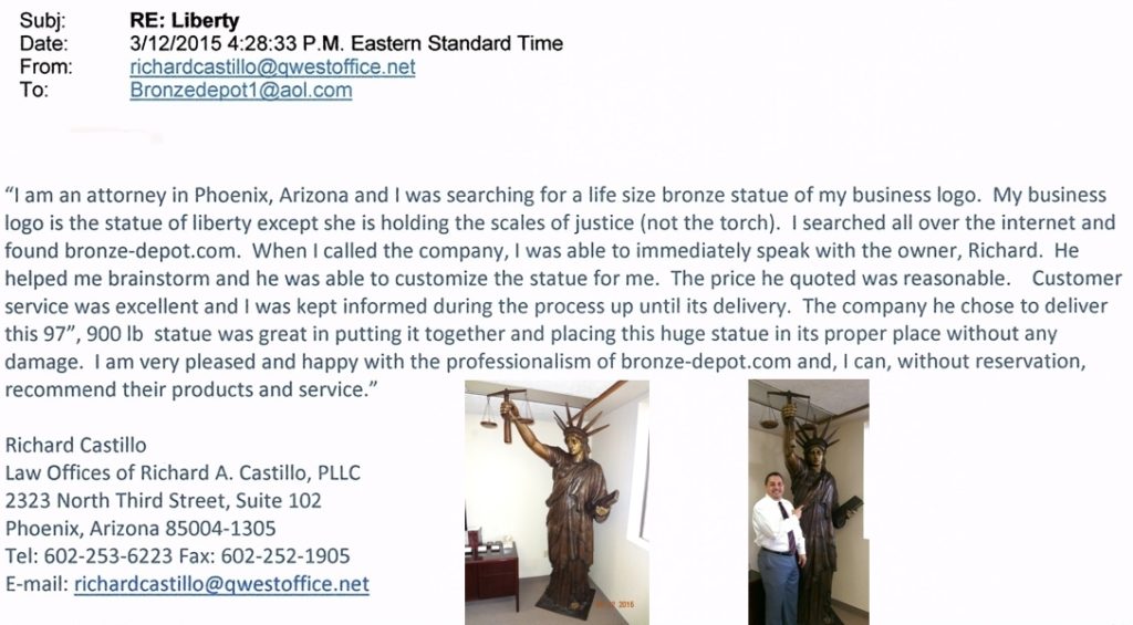 Bronze Statue of Liberty “Customer service was excellent” - DD E-321 Reference