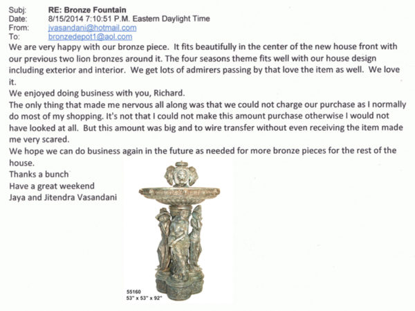 Bronze Four Seasons Fountain “We enjoyed doing business with you”