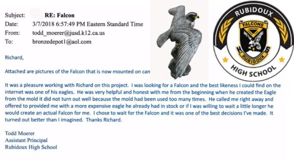 Bronze Eagle School Mascot Statue “A pleasure working with you”