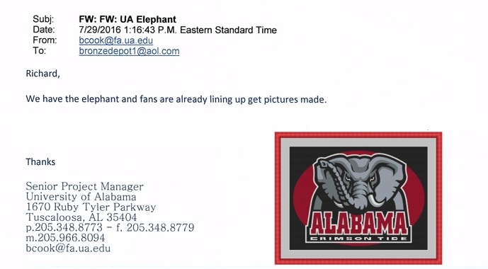 Bronze Alabama Elephant Mascot “From the moment he arrived people took selfies with him” - DK 2556 Reference 2