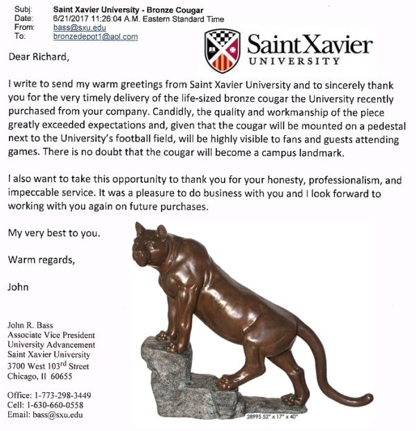 Bronze Puma Mascot Statue St. Xavier University Reference