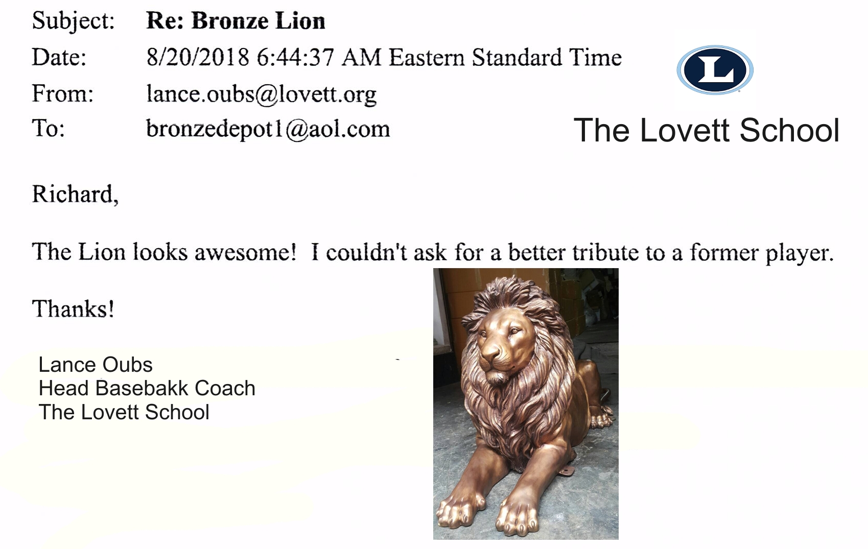 Bronze Lion Statue “The Lion is awesome, couldn’t as for a better former player tribute” - DD A-228 Reference