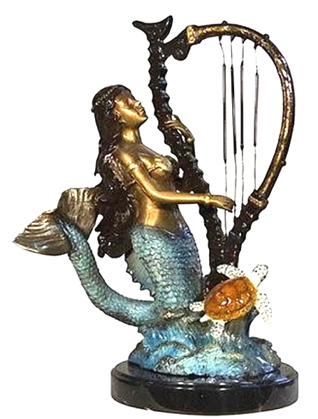 Bronze Mermaid Playing Harp Statue - AF 58590NA