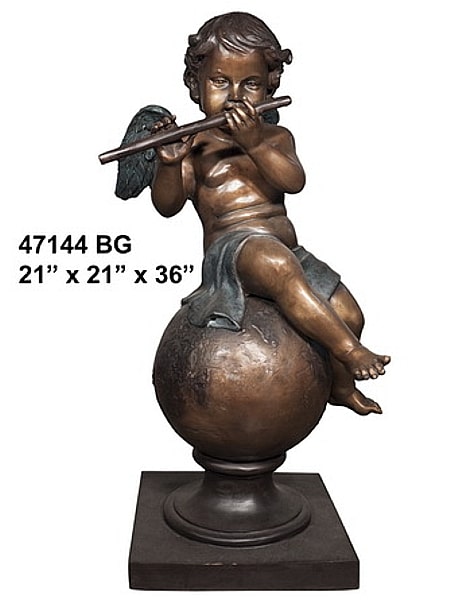 Child Angel Playing Flute Bronze Statue - AF 47144 BG