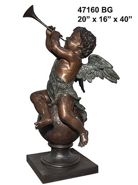 Bronze Child Angel Playing Trumpet Statue - AF 47160 BG