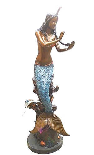 Bronze Mermaid Statue Playing Harp - DK-2389