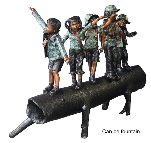 Bronze kids on a log statue Can be made as a fountain - DK-2815-S