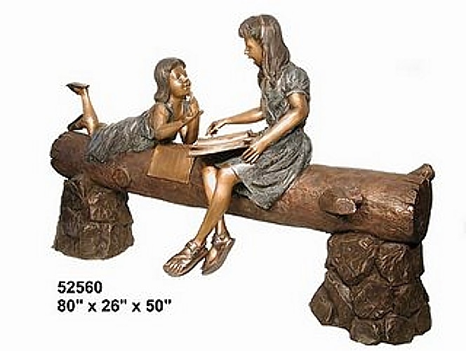 Bronze Sisters Read on Log Statue - AF 52560
