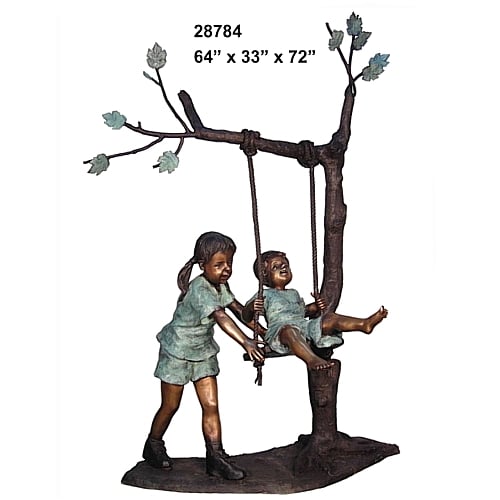 Bronze Sister Pushing Brother Swing Statue - AF 28784