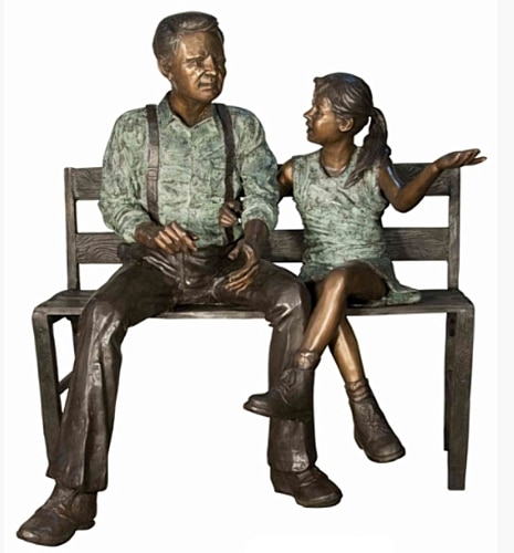 Bronze Grandfather & Granddaughter on Bench Statue - AF 71050