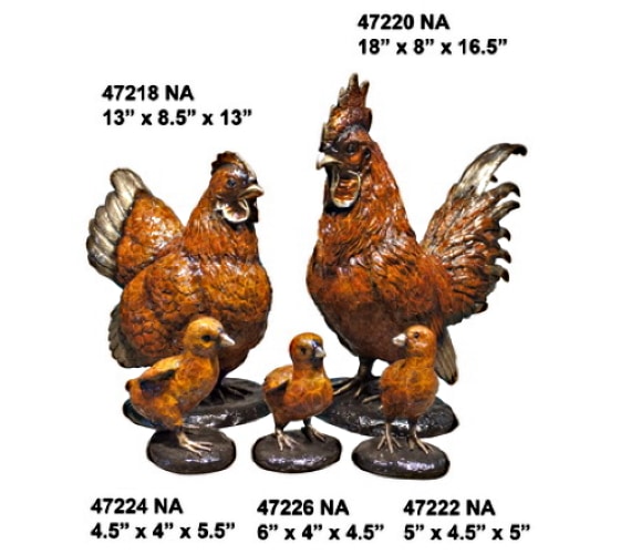 Bronze Rooster, Hen & Chick Statues - AF 47218-26NA