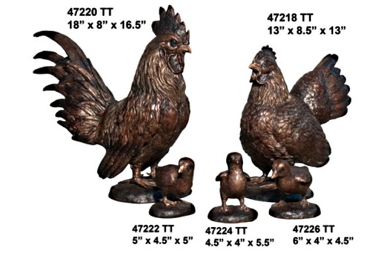 Bronze Rooster, Hen & Chick Statues - AF 47218-26