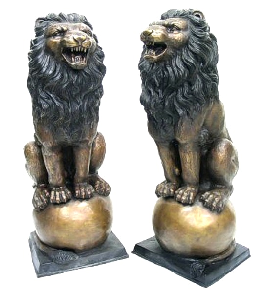 Growling Lions on Ball Bronze Statues - AF 54120 TT