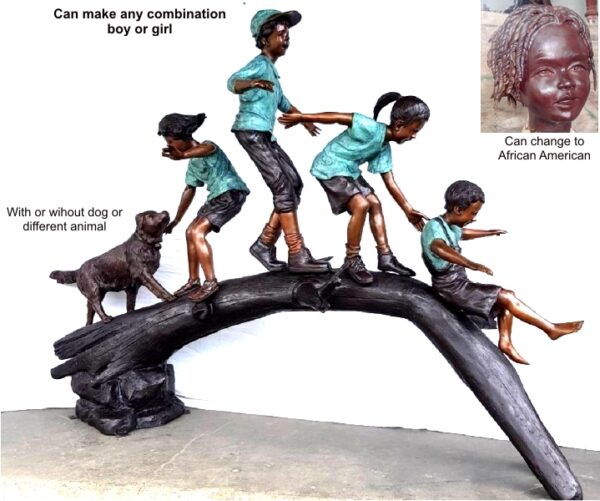 Bronze children & dog on a tree stump statue