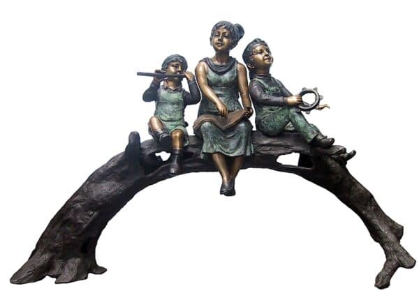 Bronze Kids on a Tree Log Statue