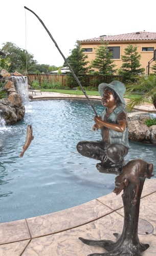 Bronze Boy & Dog Fishing From Tree Statue