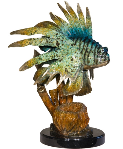 Bronze Lion Fish on Marble Base Statue - AF 94438NA