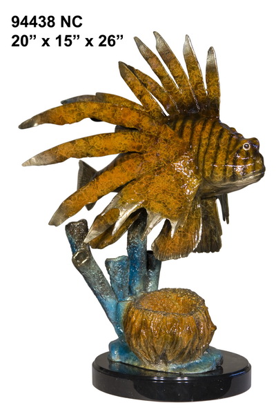 Bronze Lion Fish on Marble Base Statue - AF 94438NC