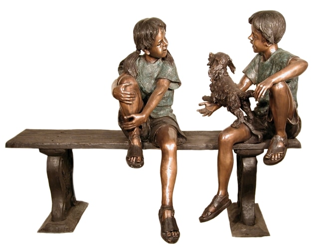 Bronze boy & girl with dog on a bench - AF 50245