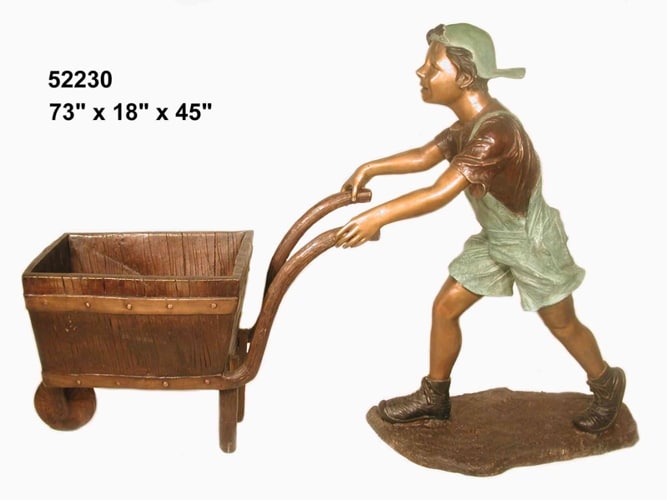 Bronze Boy Pushing Wagon Statue - AF 52230