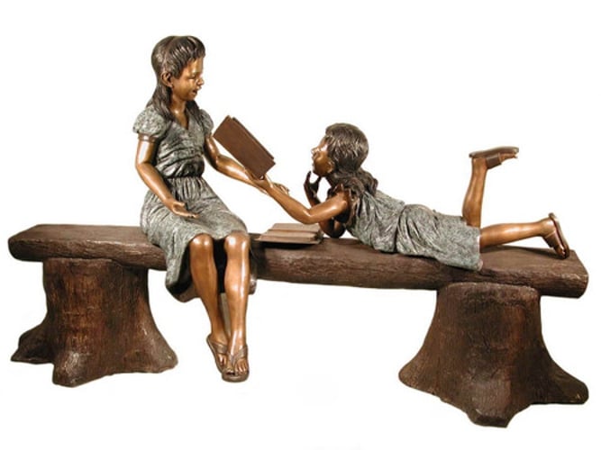 Bronze Sisters Reading on Log Statue - AF 78910