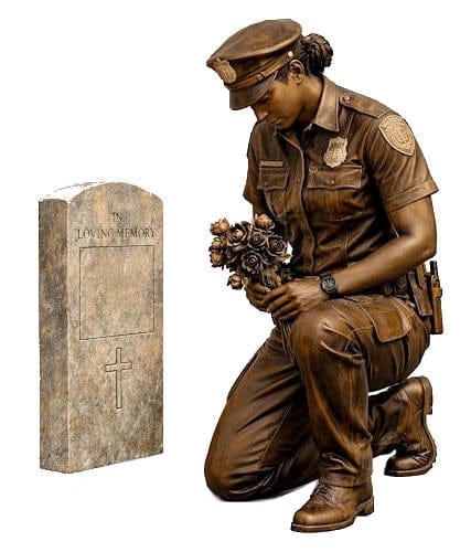 Bronze Grieving Black Female Police Officer Praying at Tombstone Statue - DD 101 MF