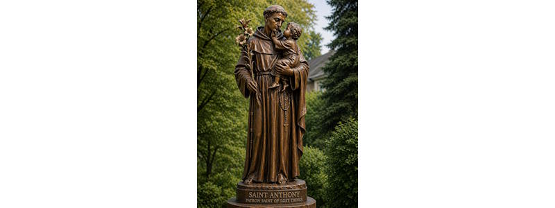bronze saint anthony statue holding child jesus religious garden sculpture