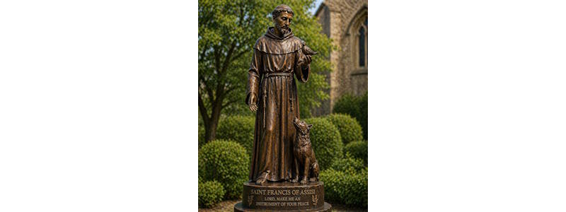 bronze Saint Francis of Assisi statue with animals for garden or church setting