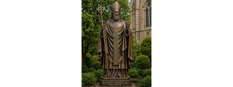 bronze Saint Patrick statue holding shamrock for church or Irish heritage display